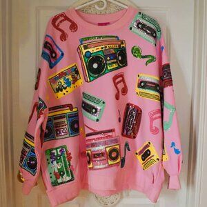 Queen of Sparkles Pink Vintage Cassettes Sweatshirt   Size XL NWT